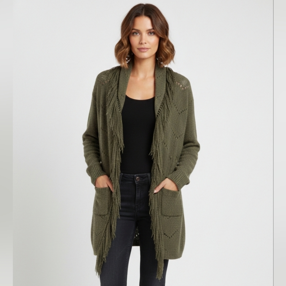 Boho Olive Green Fringe Shawl Cardigan with Convertible Hood